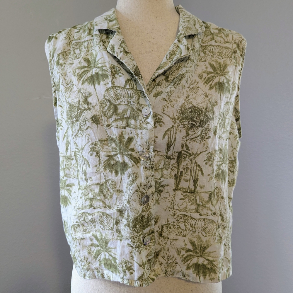 Rachel Zoe Linen Tiger Jungle Print Sleeveless Cropped Vest Cruise Vacation Top - Picture 3 of 10